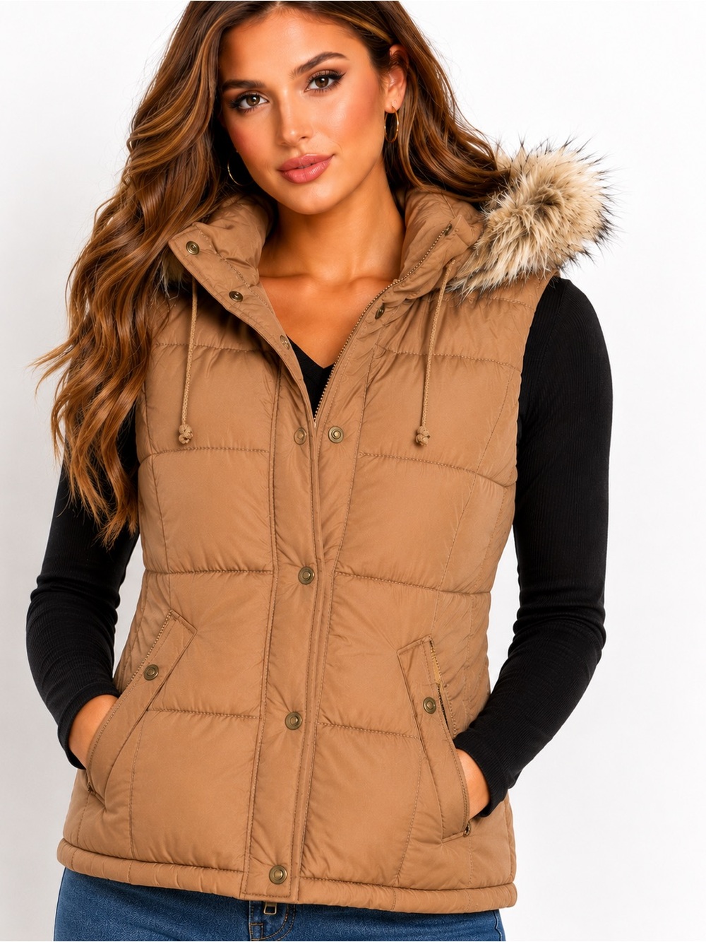 L.O.G.G. H&M Hooded Faux Fur Quilted Puffer Vest Camel Brown Womenβs Size 8